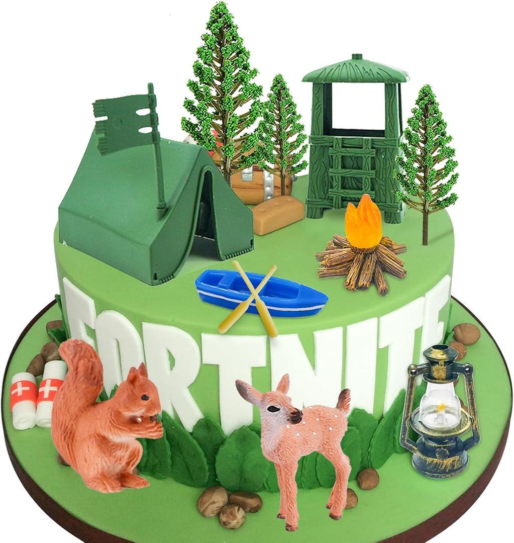 13pcs Camping Cake Topper Fireside Camp DecoSet Tent Bonfire Canoe Tree Squirrel Deer Figures Camping Cake Decoration for Happy Camper Forest Summer Camper Picnic Hiking Adventure Theme Party