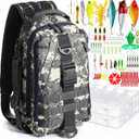 85 Pcs Fishing Backpack with Tackle Boxes, Tackle Sling Bag with Rod Holder, Fishing Lures Kit and Pliers Set for Men Women (Jungle Camouflage)