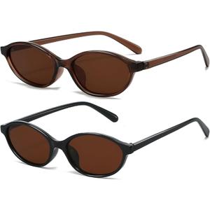 Retro Oval Sunglasses for Women Small Oval 90s Sunnies Trendy Narrow Cat Eye Vintage Shades 2 Pack