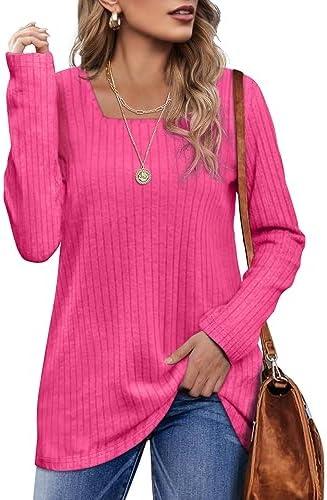 OFEEFAN Long Sleeve Shirts for Women Loose Fit Crew Neck Tunic Tops Blouse Dressy Casual Fall Winter Clothes Outfits, L