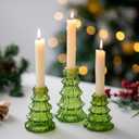 Glasseam Christmas Tree Candle Holder: 3 Pcs Glass Candlestick Holders for Taper Candles Ribbed Modern Green Candle Stick Candle Holder for Table Centerpiece Decorations Gifts