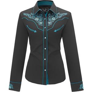 Women's Embroidered Western Cowboy Shirt Vintage Style Long Sleeve Button Down Shirt Premium Quality Snap Front Design (XX-Large, Black-green)