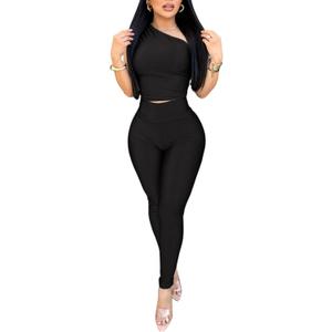 Ekaliy 2 Piece Outfits for Women Sexy One Shoulder Crop Top Bodycon Pants Set Clubwear (Medium, Black)