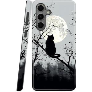 Case Compatible with Samsung Galaxy S25 FE 5G, Heavy Duty Dual-Layer Shockproof Protective Phone Case,Black Cat and Moon