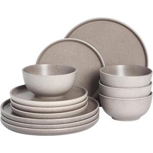 Gibson Elite 12 Piece (Service for 4) Eden Rock Plates and Bowls Reactive Glaze Round Dishes Stoneware Ceramic Dinnerware Set - Matte Brown (Service for Four (12pcs))