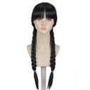 Wednesday Long Black Braids Wig with Bangs and Pigtails for Party Costume Halloween