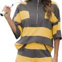 Women's Striped 2 Piece Outfits Oversized Lounge Set Summer Workout Sets Top and Shorts with Pockets (Medium, Yellow)