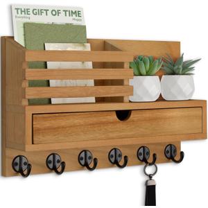 Key Holder Wall Mount, Mail Holder with Storage Drawer and 6 Key Hooks for Coat, Dog Leash, Home Decor Rack, House Accessories, Entry Way Organizer