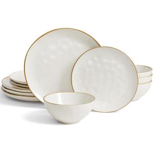 Famiware Dinnerware Sets for 4, Ocean Round 12-Piece Kitchen Plates and Bowls Sets, Microwave and Dishwasher Safe, Scratch Resistant, Vanilla White