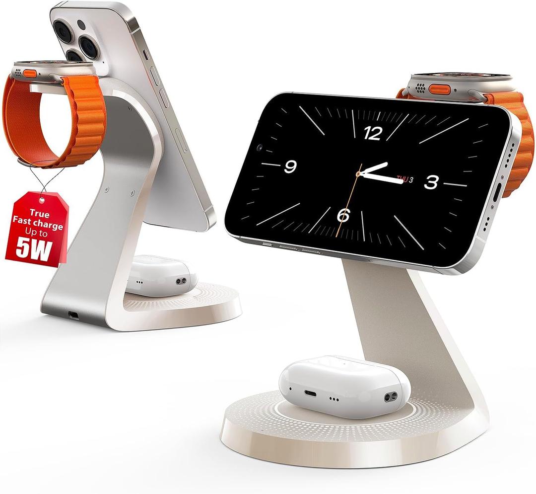 3 in 1 Charging Station for Apple Devices,Mag-Safe Charger Stand Fast Charging,Wireless Charger for iPhone 16/15/14/13/12 Series,& AirPods,& iWatch(USB Charger Included) (Warm Gray)