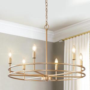 FookChak Gold Chandelier 6-Light Dining Room Chandelier Kitchen Chandeliers Over Table Round Living Room Chandelier Light Fixture for Bedroom, Kitchen, Foyer, Size: 28in