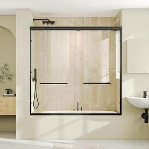 Tub Glass Shower Doors, 56" - 60" W x 57" H Double Sliding Shower Door, Aluminum Semi-Frameless & 1/4"(6mm) Clear Tempered Glass Bypass Shower Door for Bathtub, Matte Black