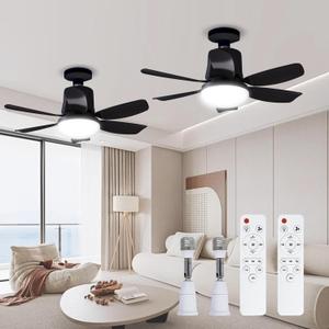 2 Pack Socket Fan Light and 360 Light Socket Extender, 18.5'' Socket Ceiling Fans with Remote, 3 Colors LED Light Bulb, Screw in Small Ceiling Fan for Bedroom Living Room Kitchen Garage, Black