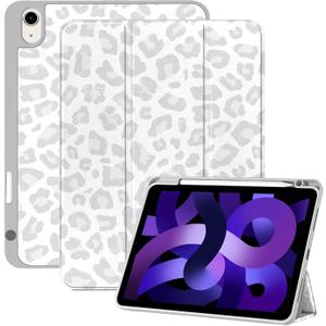 Compatible with iPad Air Case 11 Inch M3 2025,M2 2024 5th/4th Generation 10.9 Inch (2022/2020) with Pencil Holder TPU Back Case Auto Sleep/Wake Cover Cute Women Girls-Gray Leopard Cheetah (Grey White-C9)
