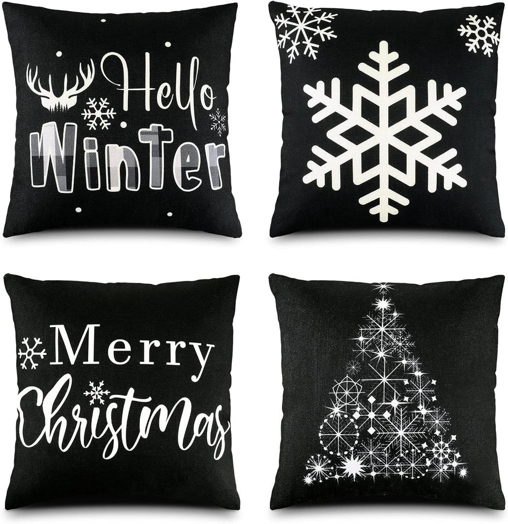 Remerry Christmas Pillow Covers Black White Merry Christmas Throw Pillow Cases 18 x 18 Inch Set of 4 Winter Snowflakes Boho Farmhouse Home Xmas Indoor Holiday Decor for Bed Sofa Couch (Boho Style)