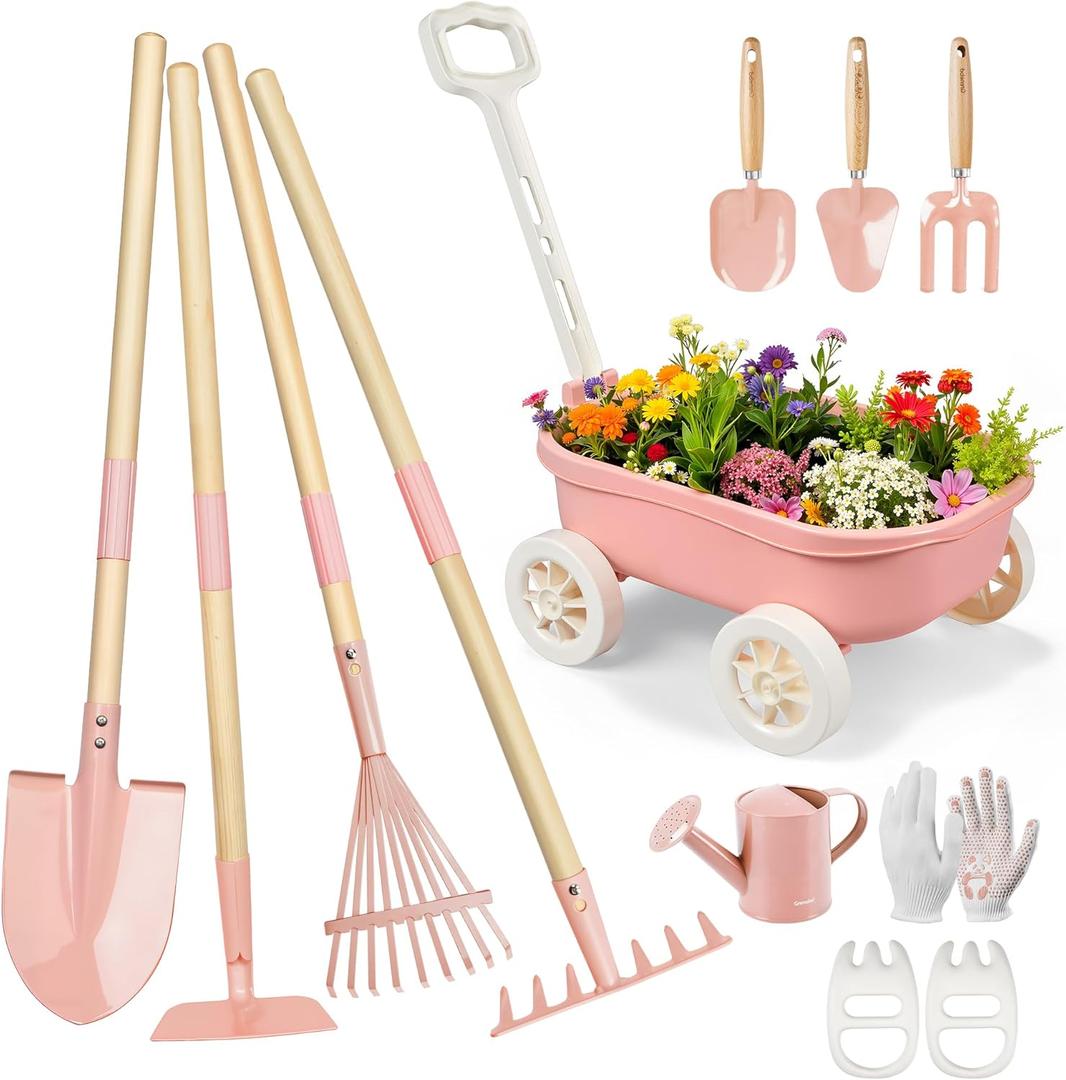 Grenebo Kids Gardening Set with Wheelbarrow, 11-Piece Outdoor Yard, Beach, STEM Garden Play Kit with Child-Sized Tools, Durable, Safe & Fun Gift Toy for Ages 2+ Kids Toddlers Boys Girls (Pink)