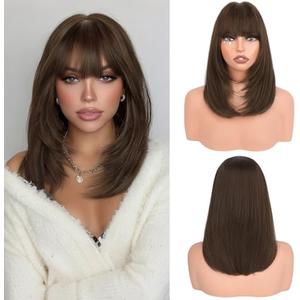 Haloo Brown Bob Wigs with Bangs Shoulder Length Straight Natural Looking Synthetic Heat Resistant Medium Hair Wigs for Women Daily Party, 16 Inch Light Brown