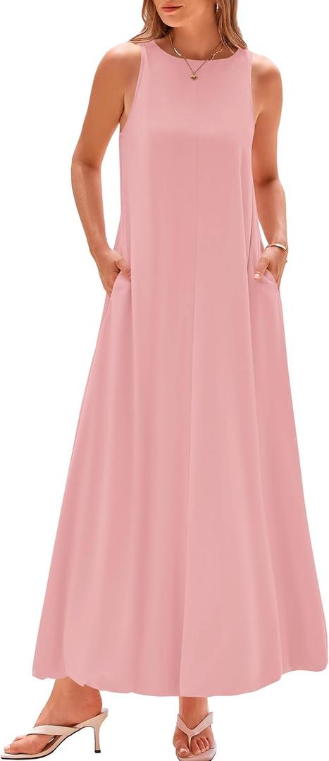 BTFBM 2025 Women Summer Vacation Dresses Sleeveless Crewneck Loose Beach Sundress Bubble Hem Tank Maxi Dress Pockets (Pink, S)