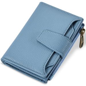 Small Wallet Women RFID Blocking Soft Leather Bifold Compact Card Holder Wallet for Women with Zipper Coin Pocket 4 ID Window (Blue)