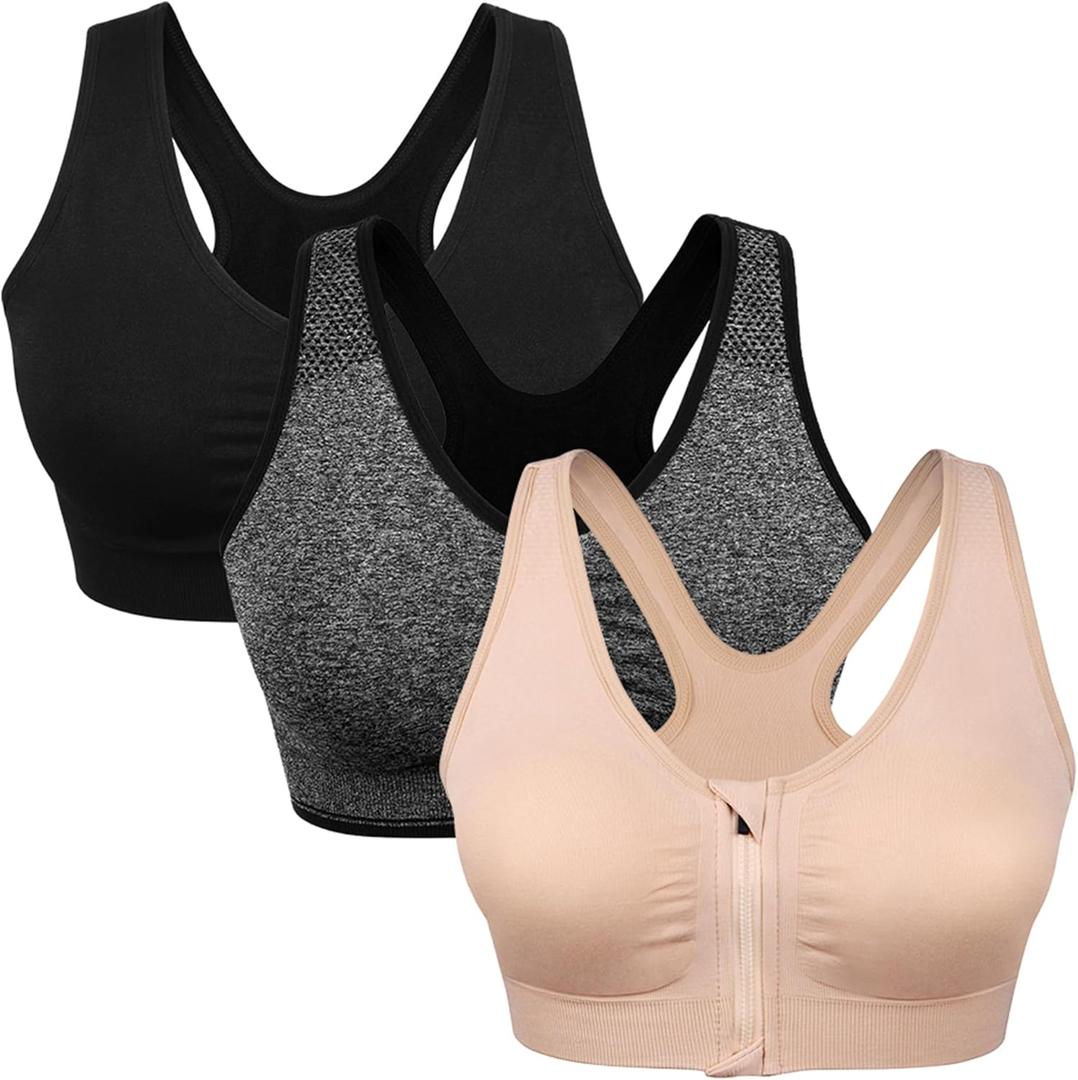 Women's Zip Front Sports Bra Wireless Post-Surgery Bra Active Yoga Sports Bras (Large, 3 Pack(black+grey+flesh))