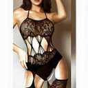 Women Fishnet Bodysuits Stocking Sleepwear Lingerie for Couple Dating Nightwear Lace Cut Out Sexy See-Through Leotard