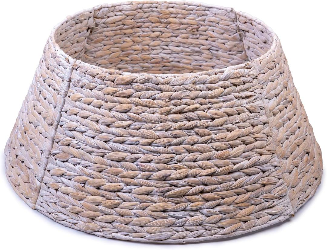 24in Christmas Tree Collar, Christmas Tree Ring Adjustable Water Hyacinth Skirt, Christmas Tree Skirt for Decoration, Base Protection from Pets (White)