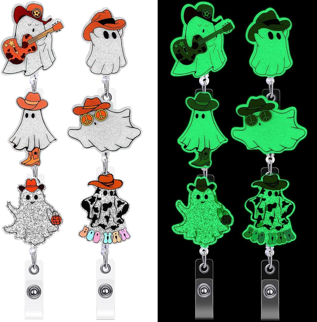 Geyoga 6 Pcs Halloween Badge Reels Cowboy Ghost Glow in The Dark Funny Western Spooky Retractable Badge Holder Glitter ID Tag Reel with Alligator Clip Gifts for Halloween Holiday Office Favors