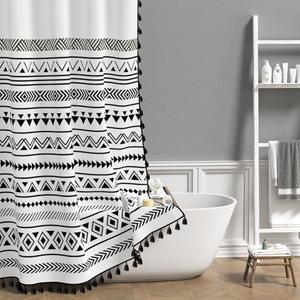 dnldliq Boho Shower Curtain Black and White Fabric Bathroom Curtains with Hooks, Waterproof Triangle and Geometric Tassel Bath Curtain for Modern Hotel Decor 60*72 Inch
