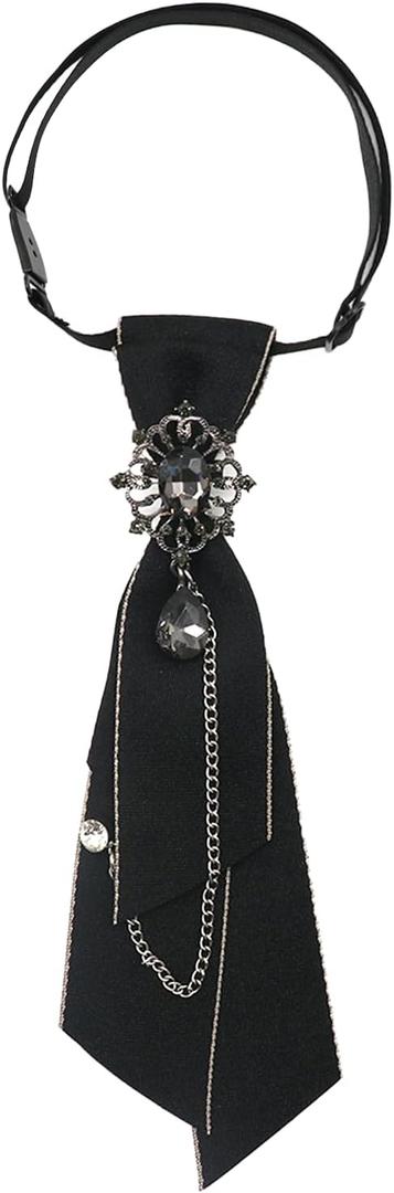 Pretied Crystal Neck Tie for Women with Chain for Daily Casual Work | Multi-Use Removable Crystal Chain Accent, Adjustable Neck Size, Ideal for Parties Interviews Proms, Polyester Blend Fabric (Black)