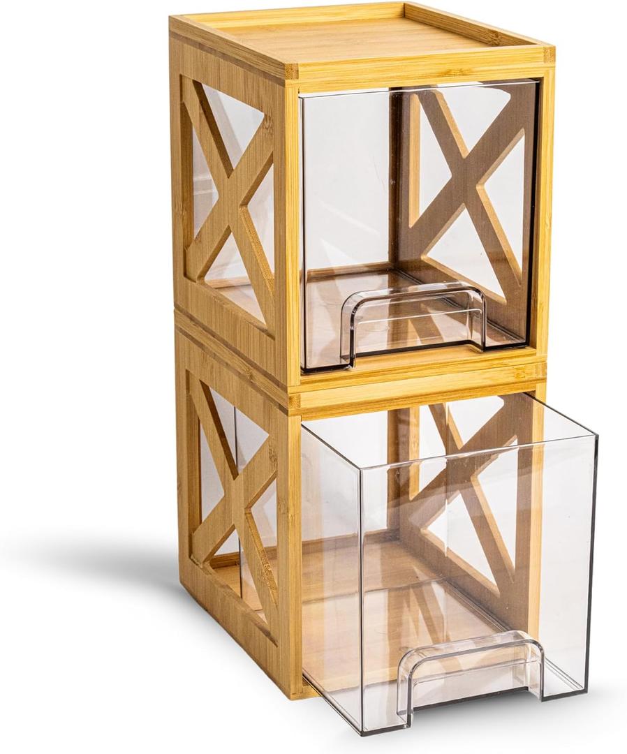 Stackable Bamboo Snack Drawer Organizer (2 Pack) – Pull-Out Storage Bins with Clear Acrylic Drawers – Pantry Storage for Snacks, Coffee Pods, Spices & K-Cups