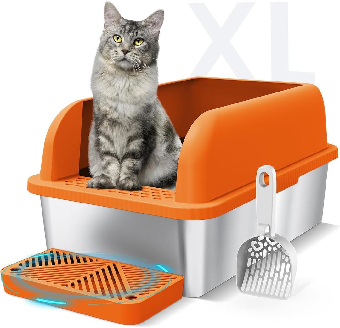 Enclosed Stainless Steel Litter Box with Lid Extra Large Litter Cat Box for Big Cats XL Metal Litter Pan Tray with High Sides Enclosure, Anti-Leakage, Easy Cleaning (Orange) (6"Deep Orange (1 Pack))