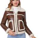 DIASHINY Women's Faux Shearing Fur Winter Coat Warm Thick Fur Lined Faux Leather Jacket (038 Brown)