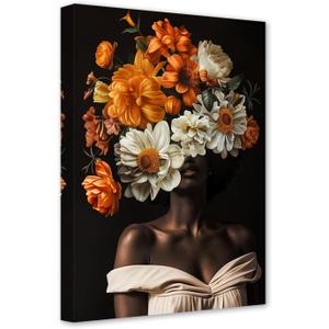 SWQYLB African American Wall Art African Black Girl Picture Abstract Flower on Black Women Head Canvas Prints Vintage Artwork for Girl Room Decor Framed (Orange, 12.00" x 18.00")