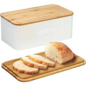OUTSHINE White Bread Box for Kitchen Countertop, Small Storage Container with Bamboo Lid, Modern Kitchen Organizer for Sourdough, Buns, and Loaves, Bread Storage with Cutting Board Lid