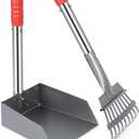 Heeyoo Dog Pooper Scooper, Dog Poop Tray and Rake Set, Pet Waste Removal Scoop with Long Adjustable Sectional Stainless Handles (Silver/Red)