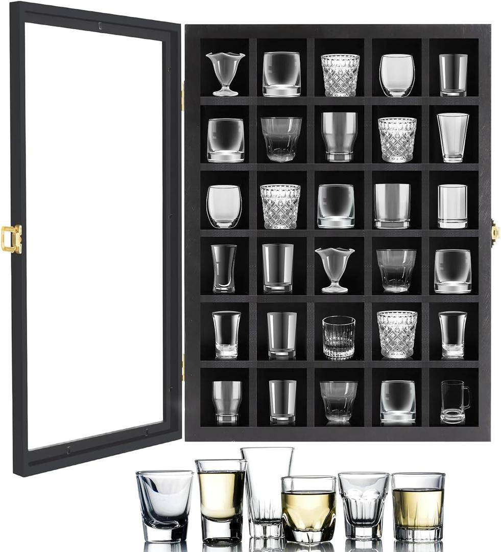 Shot Glass Display Case, 30 Shot Glasses Holder with Acrylic Door and Removable Shelve, Wall-Mounted Shadow Box for Home and Bar Decor, Black, 12.4"L x 3.6"W x 17"H