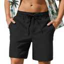 ANNERUN Mens Cotton Linen Summer Shorts Lightweight Breathable Casual Beach Elastic Waist Drawstring 7 Inch Inseam, Black (Black)