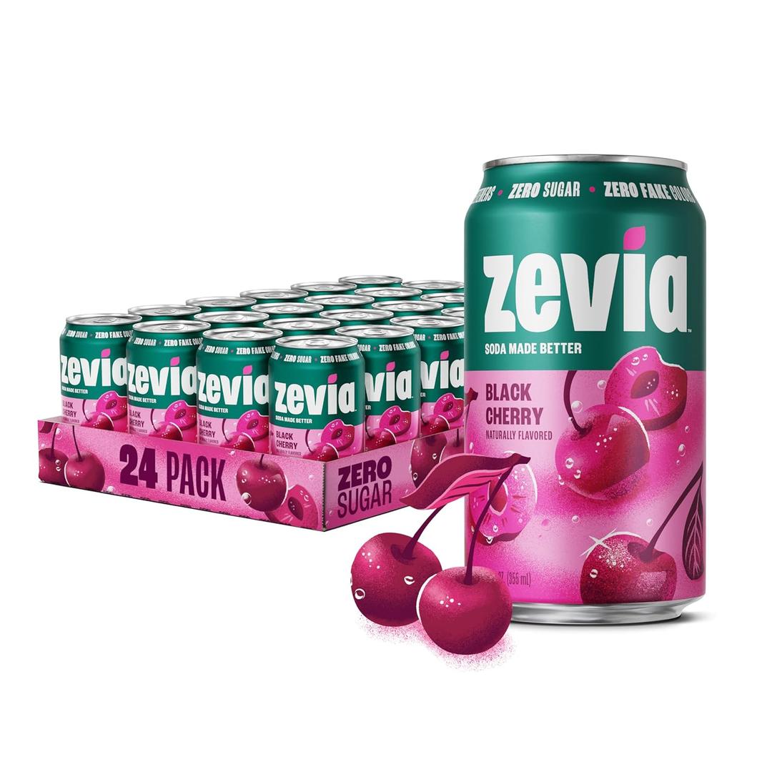  Zevia Zero Sugar Soda, Black Cherry, 12 oz Cans (24-Pack) Naturally Sweetened, Non-GMO Project Verified, Gluten-Free, Vegan, BBD 06/19/2027