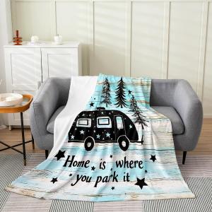 Feelyou Camper Fleece Flannel Fuzzy Blanket Camping Travel Car Plush Throw Blanket, Happy Camping Theme All Season,Bed Blanket for Sofa Couch Microfiber Vintage Wooden Door Room Decor 40"x50" (Multi 91)
