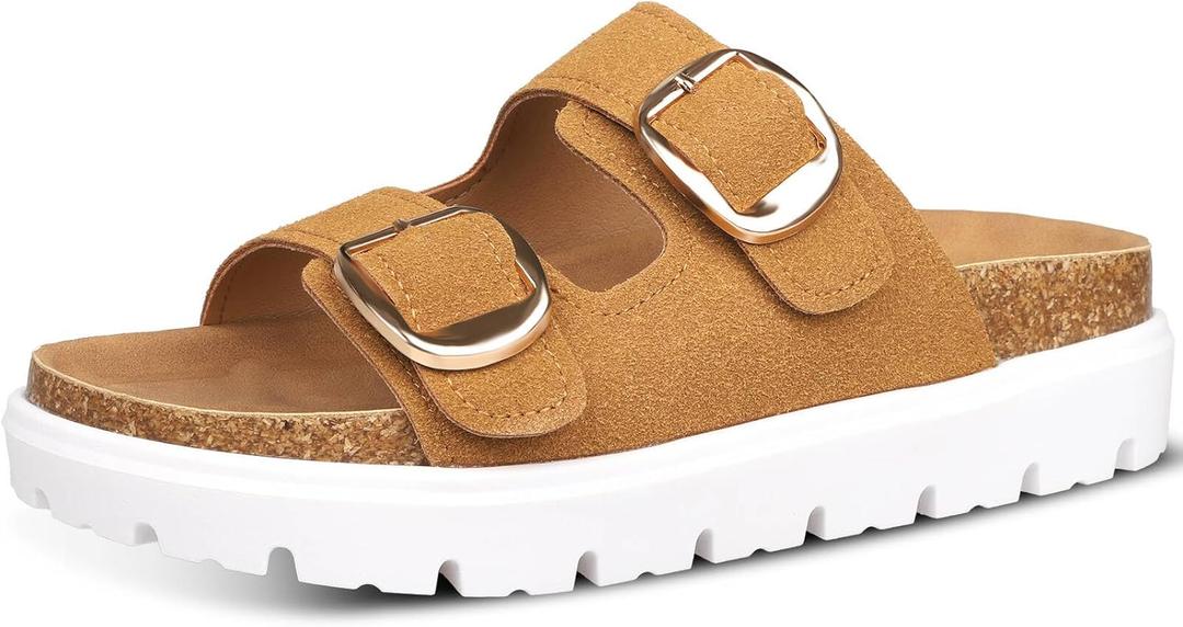 Platform Sandals for Women Wedge Chunky Sandal Womens Leather Sandals with Adjustable Buckle Straps and Memory Foam Insole (7, Brown)