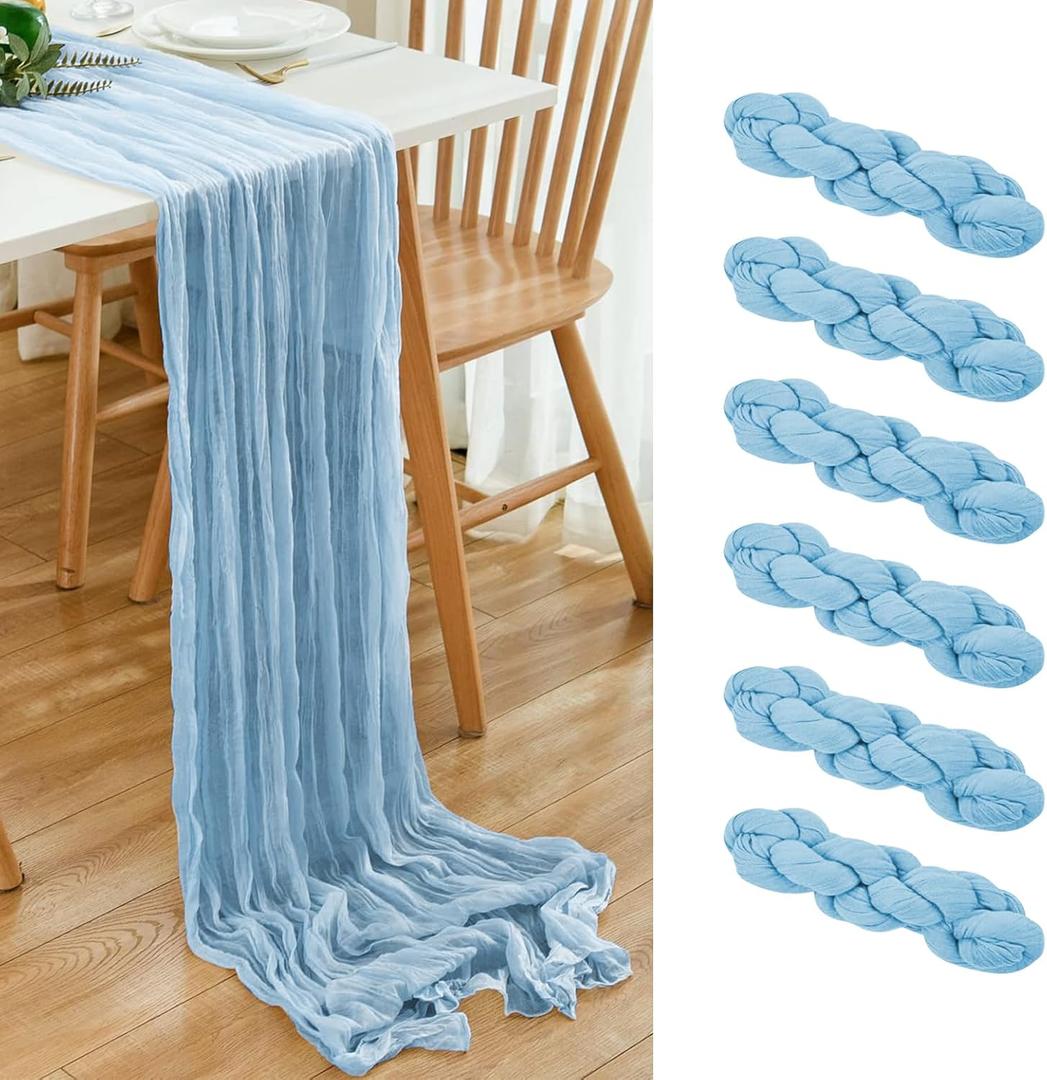 6 Pack Baby Blue Cheesecloth Table Runner 21x120 Inch Boho Wrinkled Sheer Romantic Gauze Decor for Wedding, Bridal Shower, Birthday Party