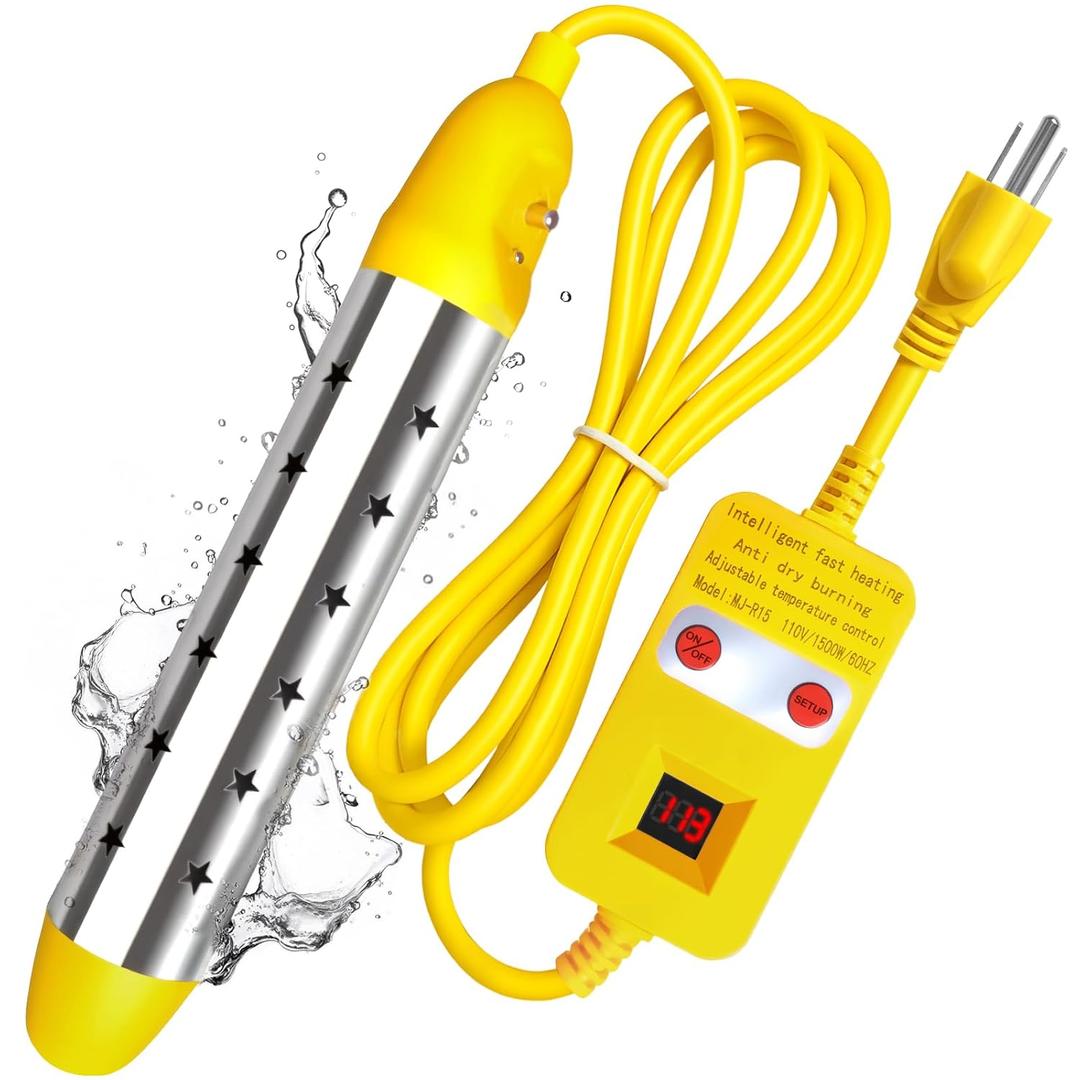 Portable Immersion Water Heater 1500W - Submersible Bucket Heater with Thermostat & LED Temp Display, Dry-Burn Protection, Fast Heating Water Heater for Bathtub Hot Tub Camping RV Home