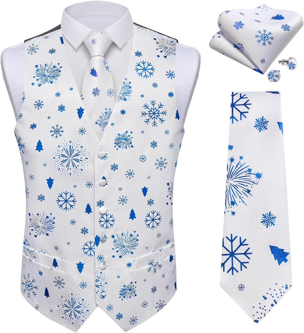 DiBanGu Mens Christmas Suit Vest and Tie Set for Men Waistcoats and Necktie Pocket Square Set for Prom Party S-3XL (White)