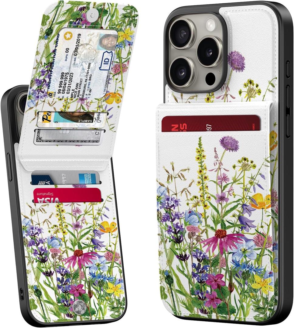 Bemal for iPhone 13 Pro Wallet Case, Built-in Card Holder, Fashion Printed, RFID Blocking, PU Leather Kickstand, Magnetic Closure, Shockproof Phone Cover for Women and Men, Blooming Floral