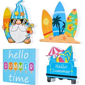 4 PCS Summer Tables Centerpieces Decorations for Home Wooden, Christmas Tiered Tray Decorations Set for Kitchen Office Home Indoor Mantel Decorations