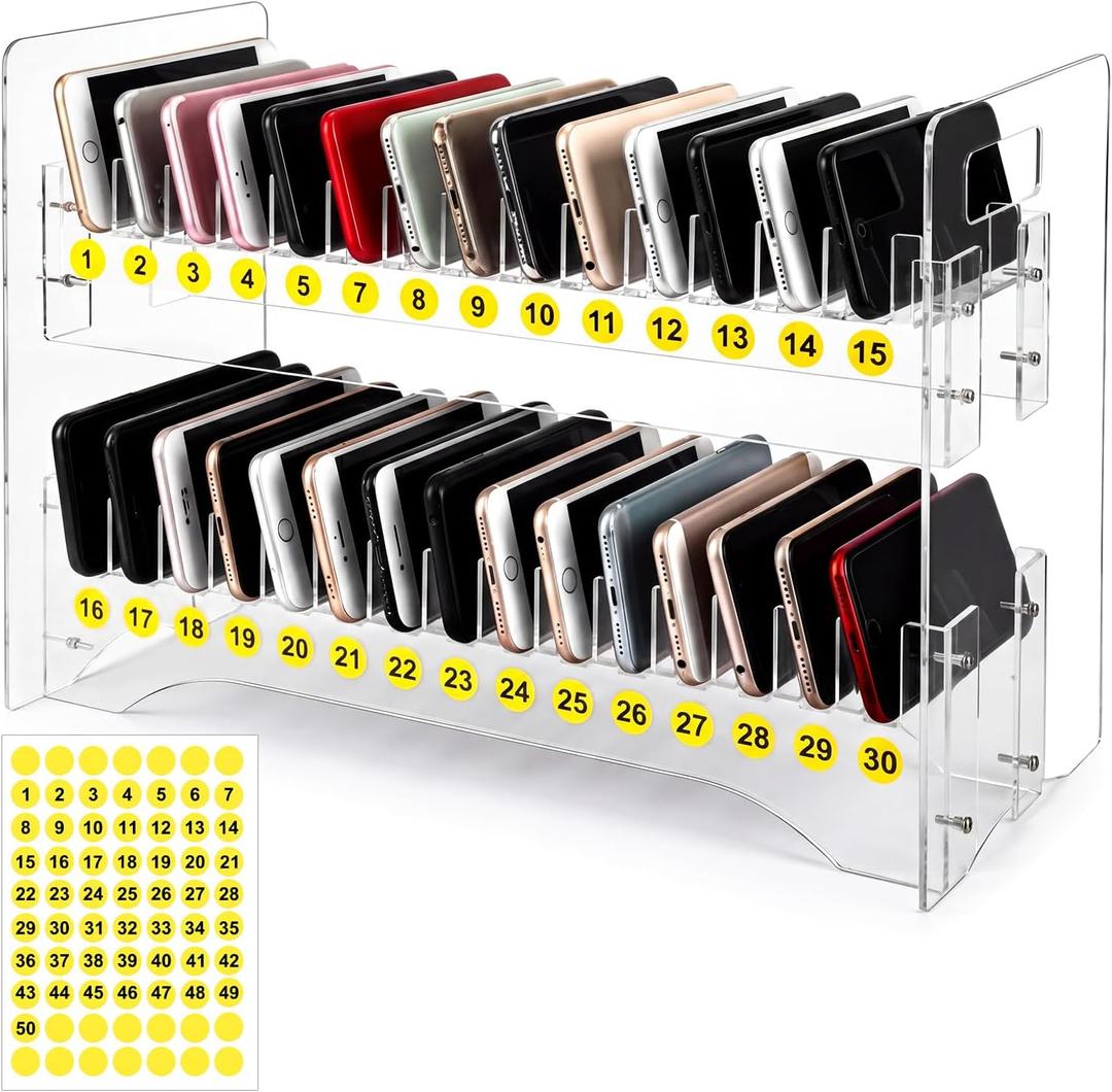 Gerrii 30 Slots Classroom Cell Phone Holder Acrylic Transparent 2-Tier | Cell Phone Storage Box with Numbered Stickers Desktop Mobile Organizer for Classroom Office Charging Station