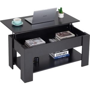 FDW 39.4" Lift Top Coffee Table with Hidden Compartment and Storage Shelf Wooden Lift Tabletop for Home Living Room Reception Room Office (Black), 39D x 28W x 24H in