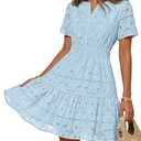 MEROKEETY Women's Summer Lace Boho Mini Dress 2026 Short Sleeve Floral Eyelet A Line Vacation Beach Short Sundress, Blue, Large