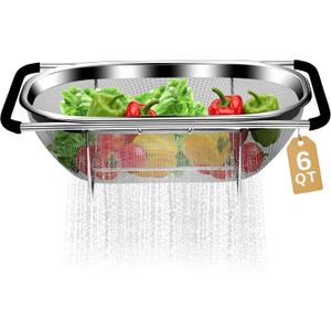 Over the Sink Colander - Strainers and Colanders - Stainless Steel Strainer - Expandable Sink Colander with Rubber Grip for Strain, Drain, Rinse Fruits, Vegetables, Home Kitchen Essentials (Light Black)