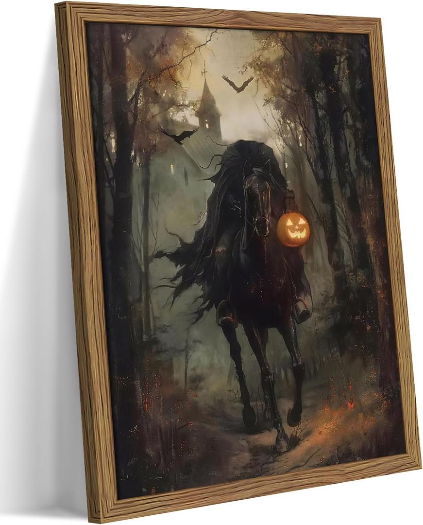 Framed Vintage Halloween Wall Art, Gothic Pumpkin Headless Horseman Wall Decor, Dark Academia Artwork Canvas Paintings, Moody Spooky Forest Posters Prints Pictures for Living Room Bedroom 16x24 Inch